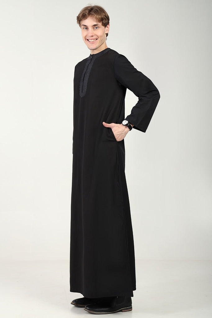 Cotton Poplin Everyday Wear Thobe with Tonal Embroidery & Zipper Neck - Black - EastEssence.com