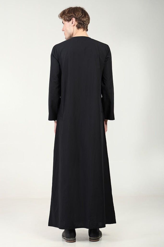 Cotton Poplin Everyday Wear Thobe with Tonal Embroidery & Zipper Neck - Black - EastEssence.com