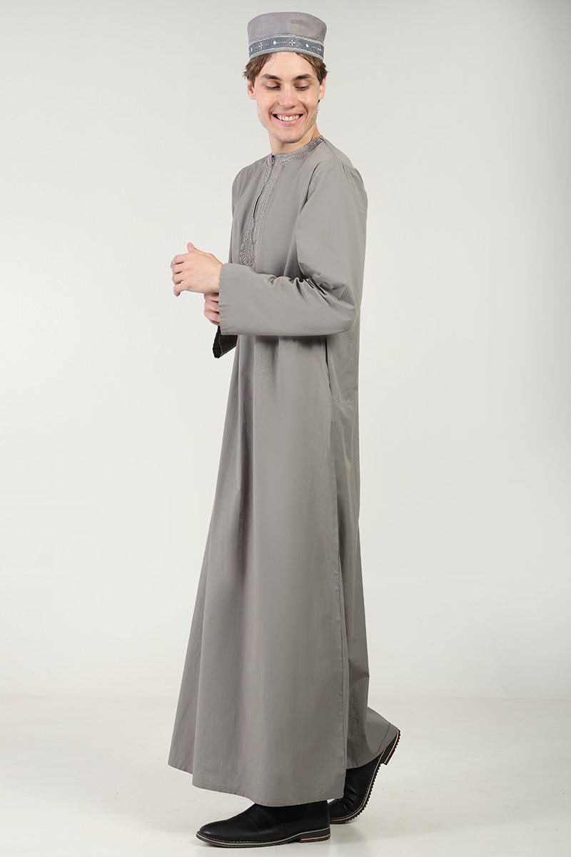 Cotton Poplin Everyday Wear Thobe with Tonal Embroidery & Zipper Neck-Grey