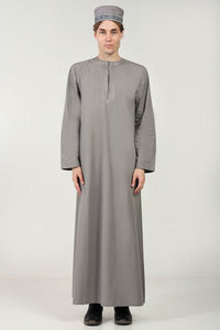 Cotton Poplin Everyday Wear Thobe with Tonal Embroidery & Zipper Neck - Grey - EastEssence.com