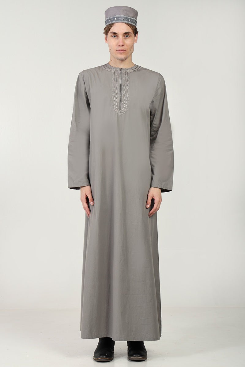 Cotton Poplin Everyday Wear Thobe with Tonal Embroidery & Zipper Neck-Grey