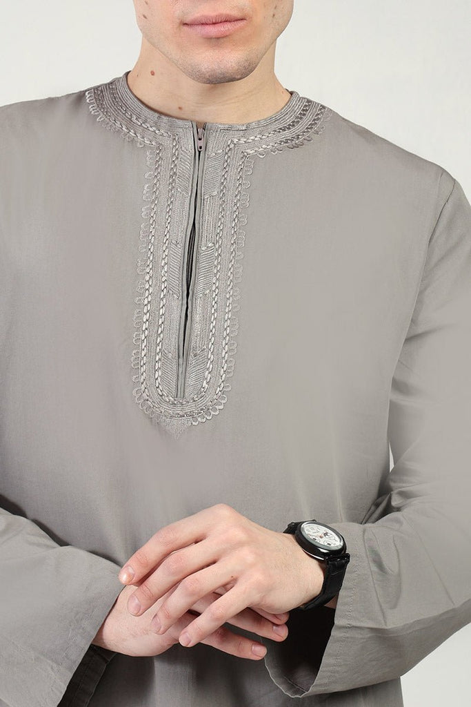 Cotton Poplin Everyday Wear Thobe with Tonal Embroidery & Zipper Neck - Grey - EastEssence.com