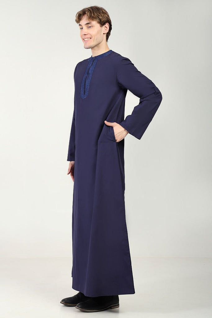 Cotton Poplin Everyday Wear Thobe with Tonal Embroidery & Zipper Neck - Navy - EastEssence.com