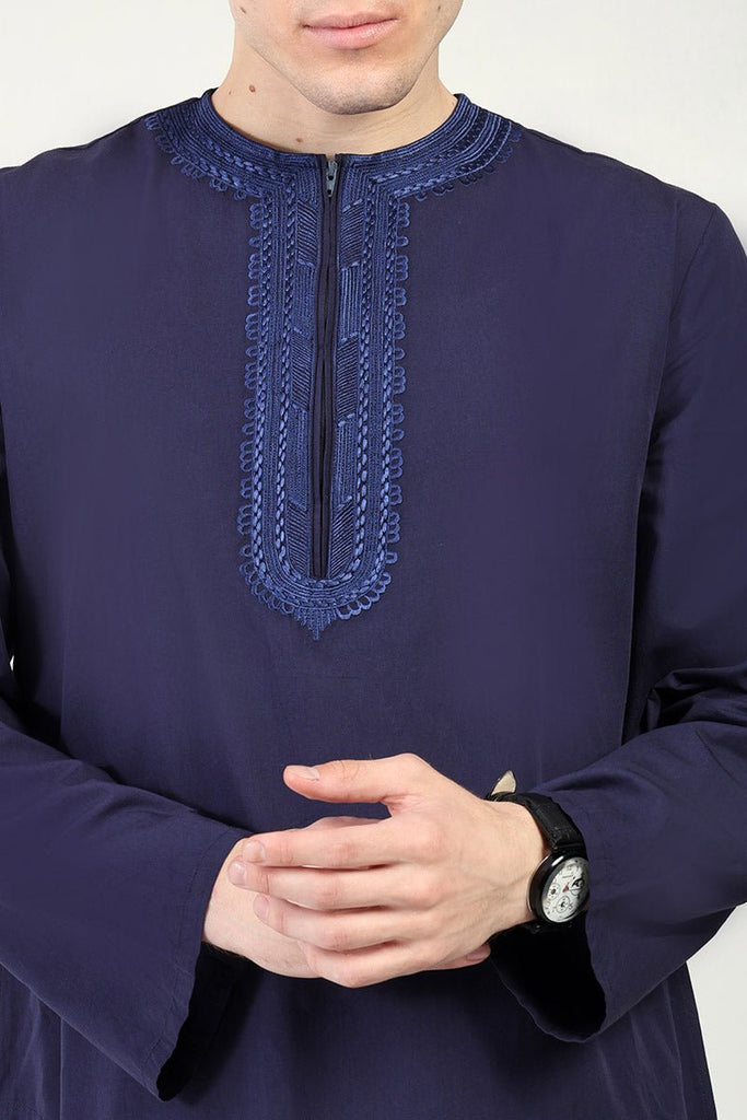 Cotton Poplin Everyday Wear Thobe with Tonal Embroidery & Zipper Neck - Navy - EastEssence.com