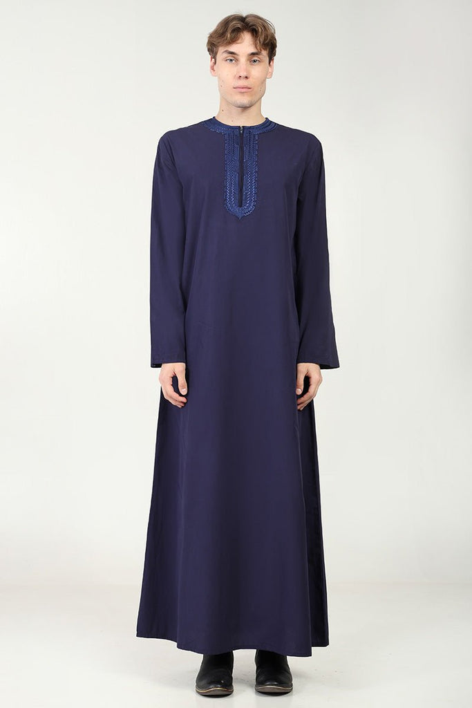 Cotton Poplin Everyday Wear Thobe with Tonal Embroidery & Zipper Neck - Navy - EastEssence.com