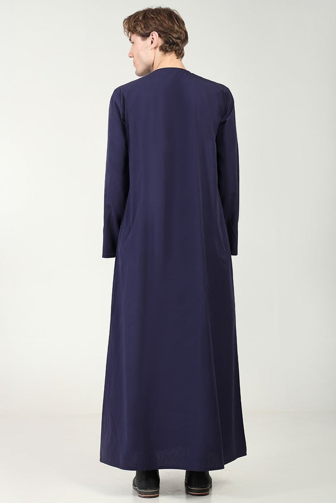 Cotton Poplin Everyday Wear Thobe with Tonal Embroidery & Zipper Neck - Navy - EastEssence.com