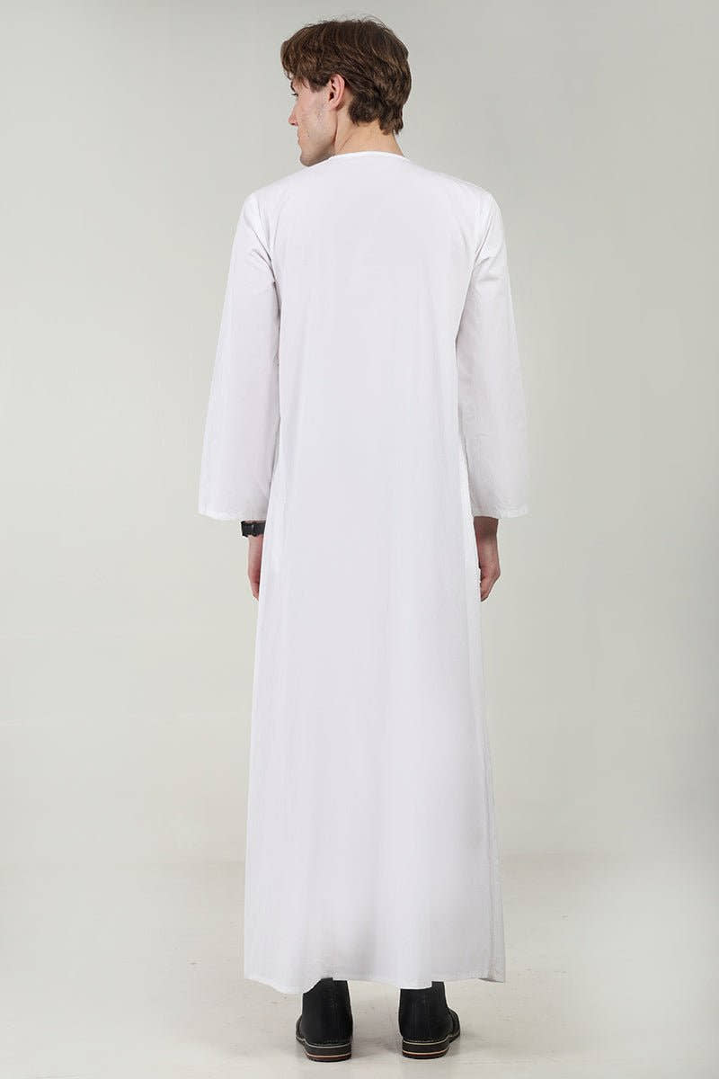 Cotton Poplin Everyday Wear Thobe with Tonal Embroidery & Zipper Neck - White - EastEssence.com