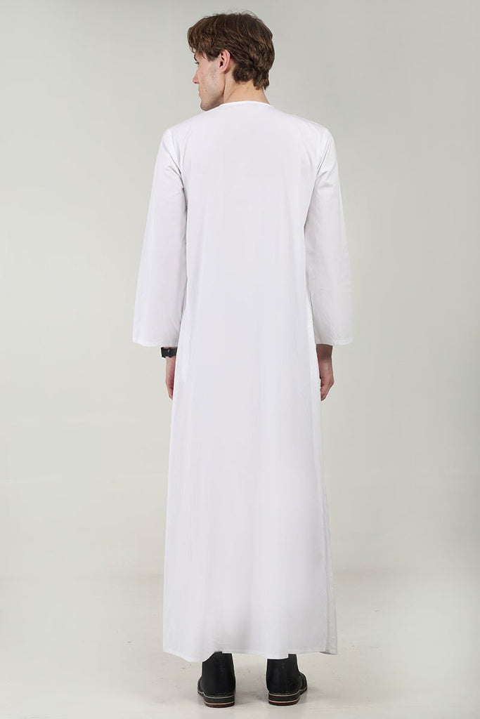 Cotton Poplin Everyday Wear Thobe with Tonal Embroidery & Zipper Neck - White - EastEssence.com