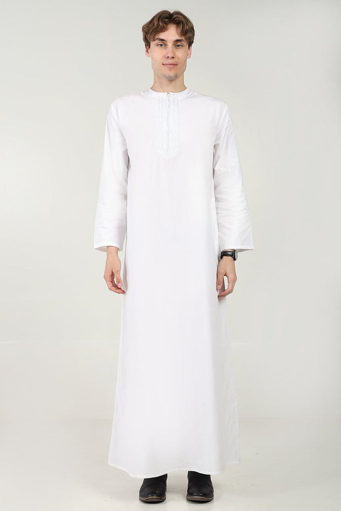 Cotton Poplin Everyday Wear Thobe with Tonal Embroidery & Zipper Neck - White - EastEssence.com