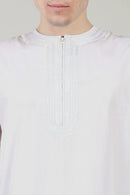 Cotton Poplin Everyday Wear Thobe with Tonal Embroidery & Zipper Neck - White - EastEssence.com