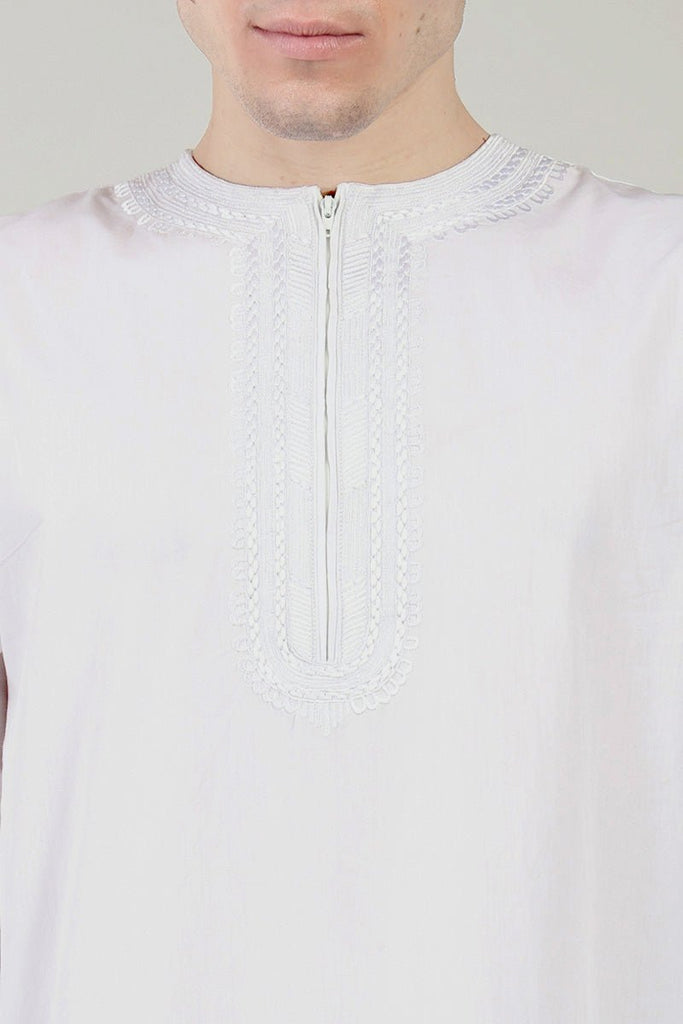 Cotton Poplin Everyday Wear Thobe with Tonal Embroidery & Zipper Neck - White - EastEssence.com