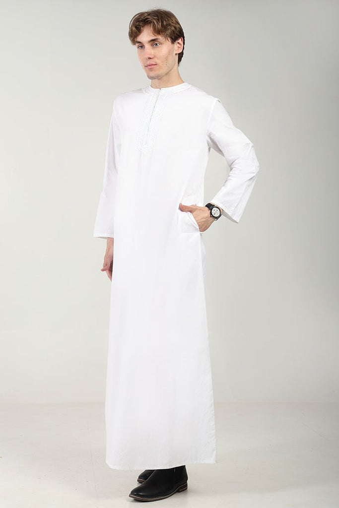 Cotton Poplin Everyday Wear Thobe with Tonal Embroidery & Zipper Neck - White - EastEssence.com