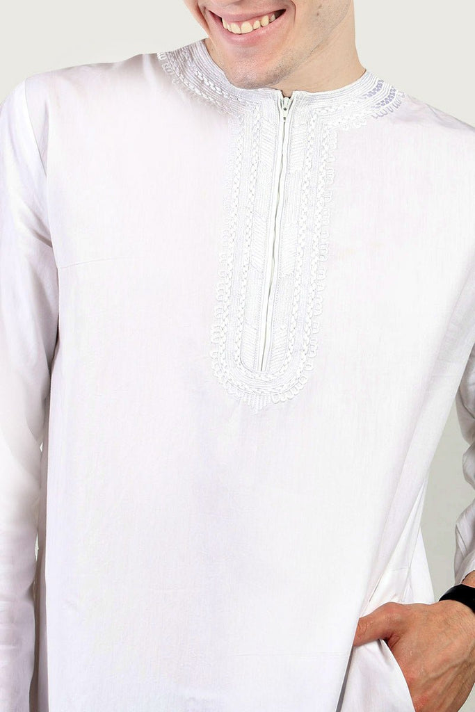 Cotton Poplin Everyday Wear Thobe with Tonal Embroidery & Zipper Neck - White - EastEssence.com