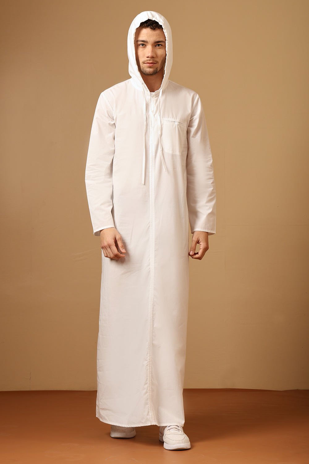 Cotton Poplin Hooded Thobe with Full Sleeves & Side Pockets - EastEssence.com