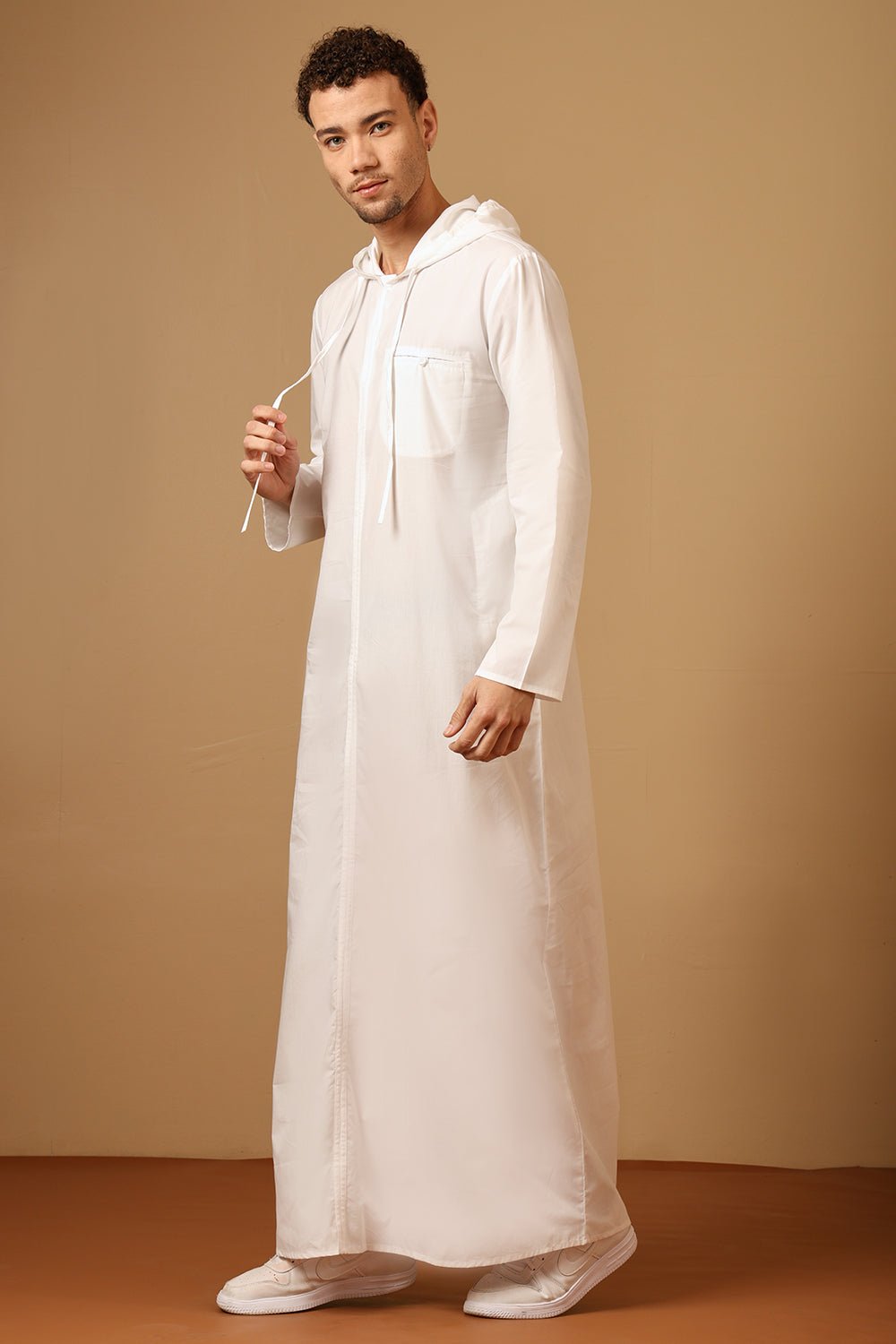 Cotton Poplin Hooded Thobe with Full Sleeves & Side Pockets - EastEssence.com