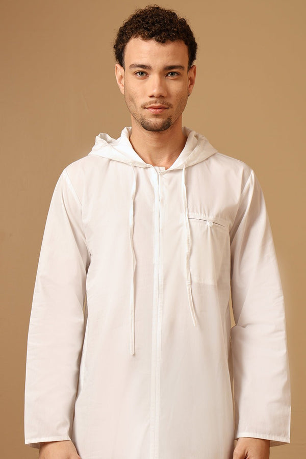 Cotton Poplin Hooded Thobe with Full Sleeves & Side Pockets - EastEssence.com