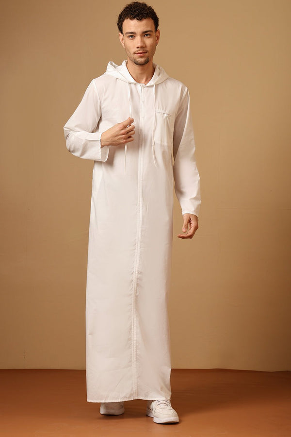 Cotton Poplin Hooded Thobe with Full Sleeves & Side Pockets - EastEssence.com