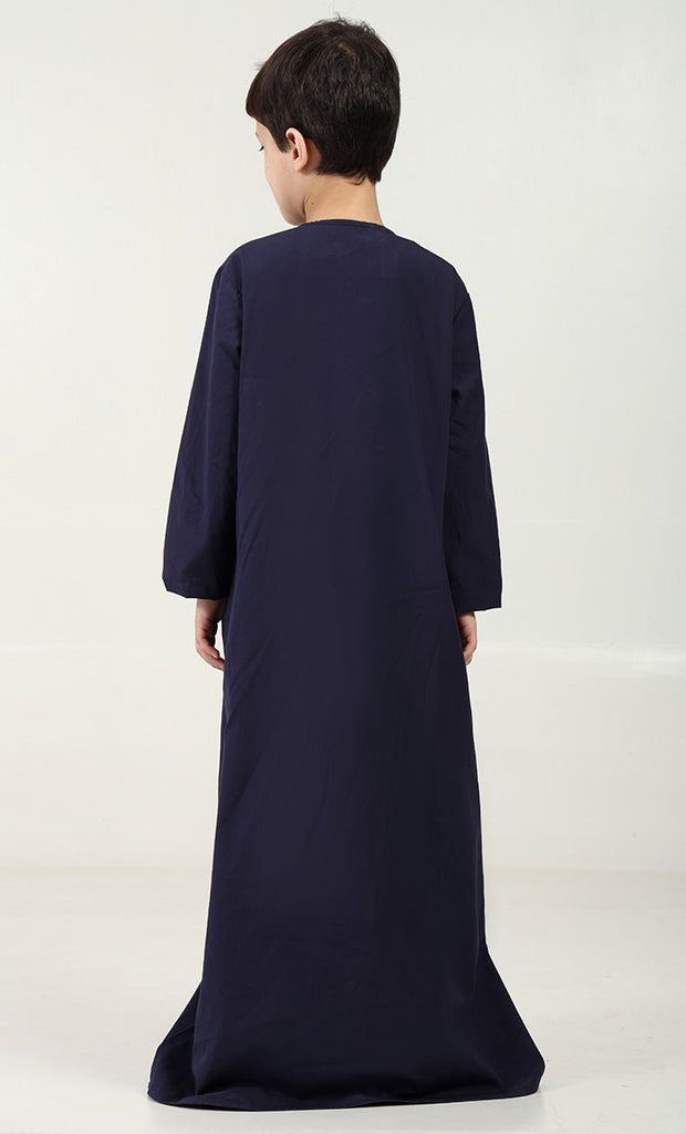 Cotton Poplin Thobe with Embroidered Neck & Zipper Opening - Navy - EastEssence.com