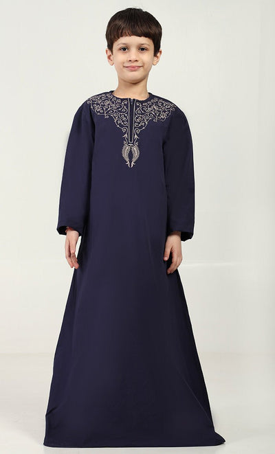 Cotton Poplin Thobe with Embroidered Neck & Zipper Opening - Navy - EastEssence.com