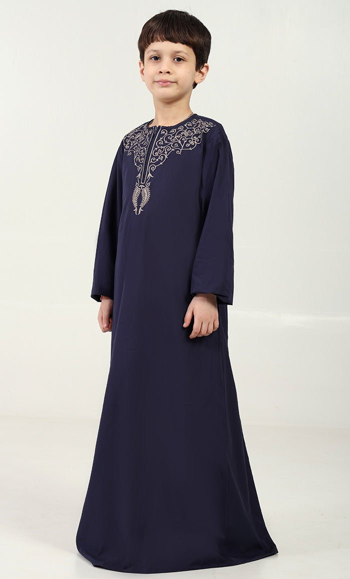 Cotton Poplin Thobe with Embroidered Neck & Zipper Opening - Navy - EastEssence.com