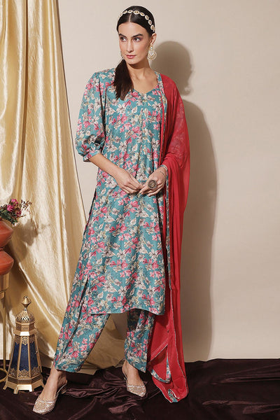 Cotton Straight Kameez Pant Set with Round Neck - EastEssence.com