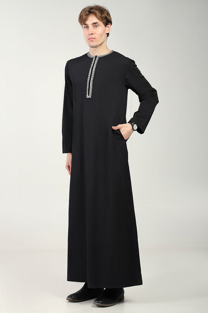 Cotton Twill Everyday Wear Thobe with White Embroidery & Zipper Neck - Black - EastEssence.com