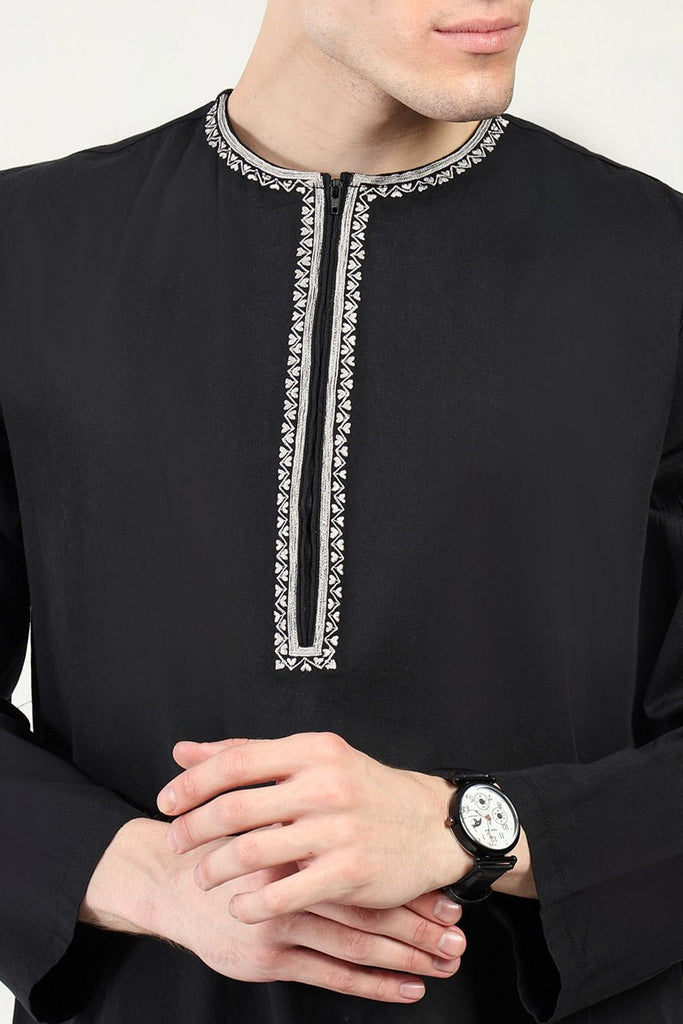 Cotton Twill Everyday Wear Thobe with White Embroidery & Zipper Neck - Black - EastEssence.com