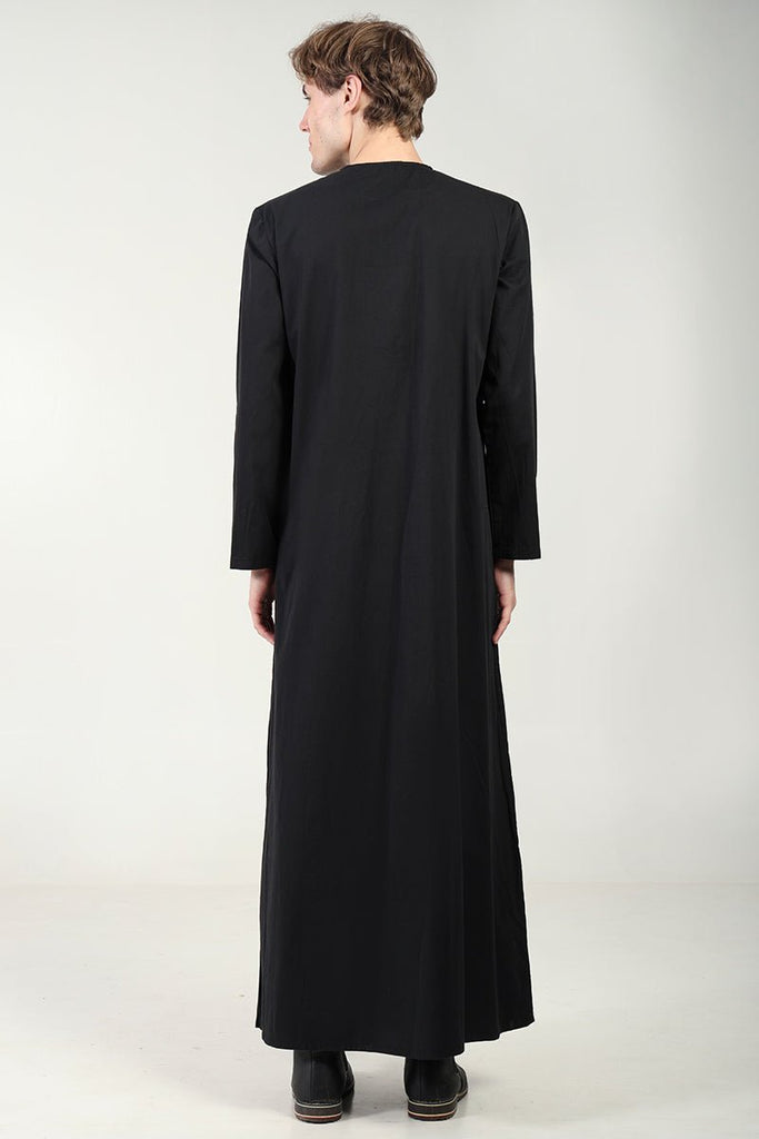 Cotton Twill Everyday Wear Thobe with White Embroidery & Zipper Neck - Black - EastEssence.com