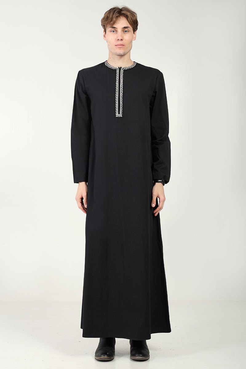 Cotton Twill Everyday Wear Thobe with White Embroidery & Zipper Neck-Black