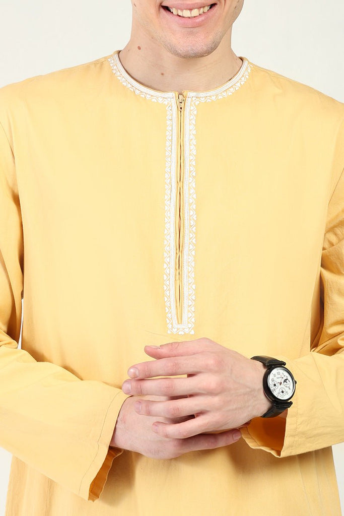 Cotton Twill Everyday Wear Thobe with White Embroidery & Zipper Neck - Camel - EastEssence.com