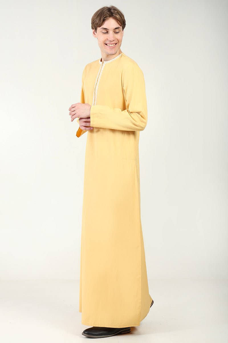 Cotton Twill Everyday Wear Thobe with White Embroidery & Zipper Neck - Camel - EastEssence.com