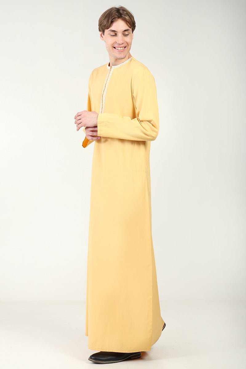 Cotton Twill Everyday Wear Thobe with White Embroidery & Zipper Neck-Camel