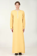 Cotton Twill Everyday Wear Thobe with White Embroidery & Zipper Neck - Camel - EastEssence.com