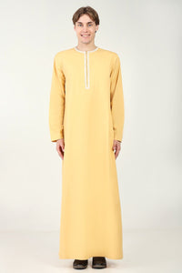 Cotton Twill Everyday Wear Thobe with White Embroidery & Zipper Neck - Camel - EastEssence.com