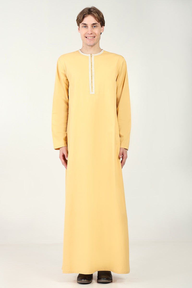 Cotton Twill Everyday Wear Thobe with White Embroidery & Zipper Neck-Camel