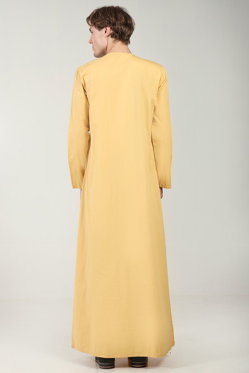 Cotton Twill Everyday Wear Thobe with White Embroidery & Zipper Neck - Camel - EastEssence.com