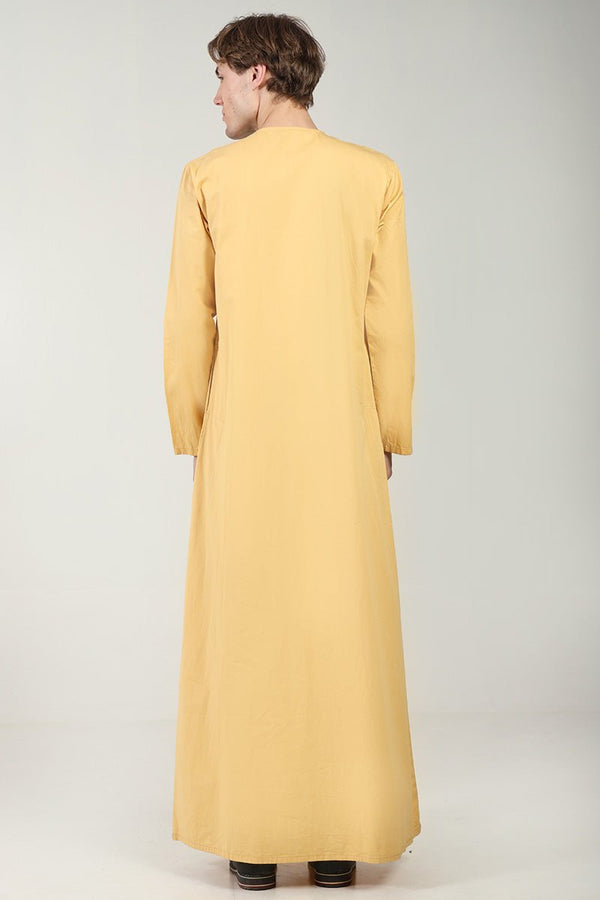 Cotton Twill Everyday Wear Thobe with White Embroidery & Zipper Neck - Camel - EastEssence.com