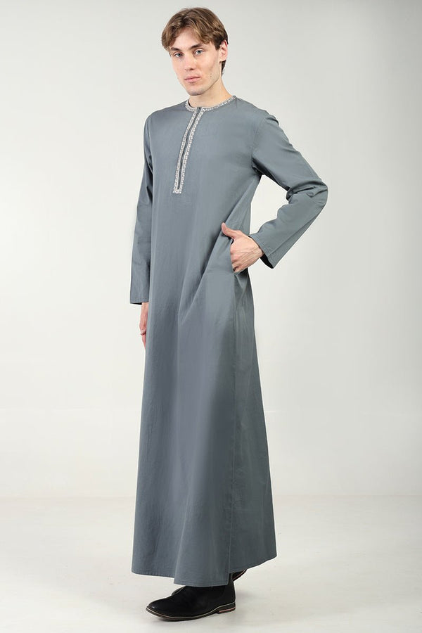 Cotton Twill Everyday Wear Thobe with White Embroidery & Zipper Neck - Grey - EastEssence.com