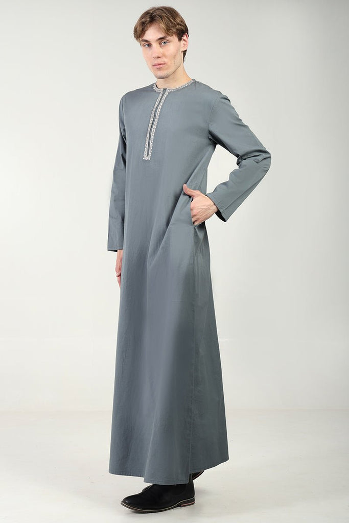 Cotton Twill Everyday Wear Thobe with White Embroidery & Zipper Neck - Grey - EastEssence.com