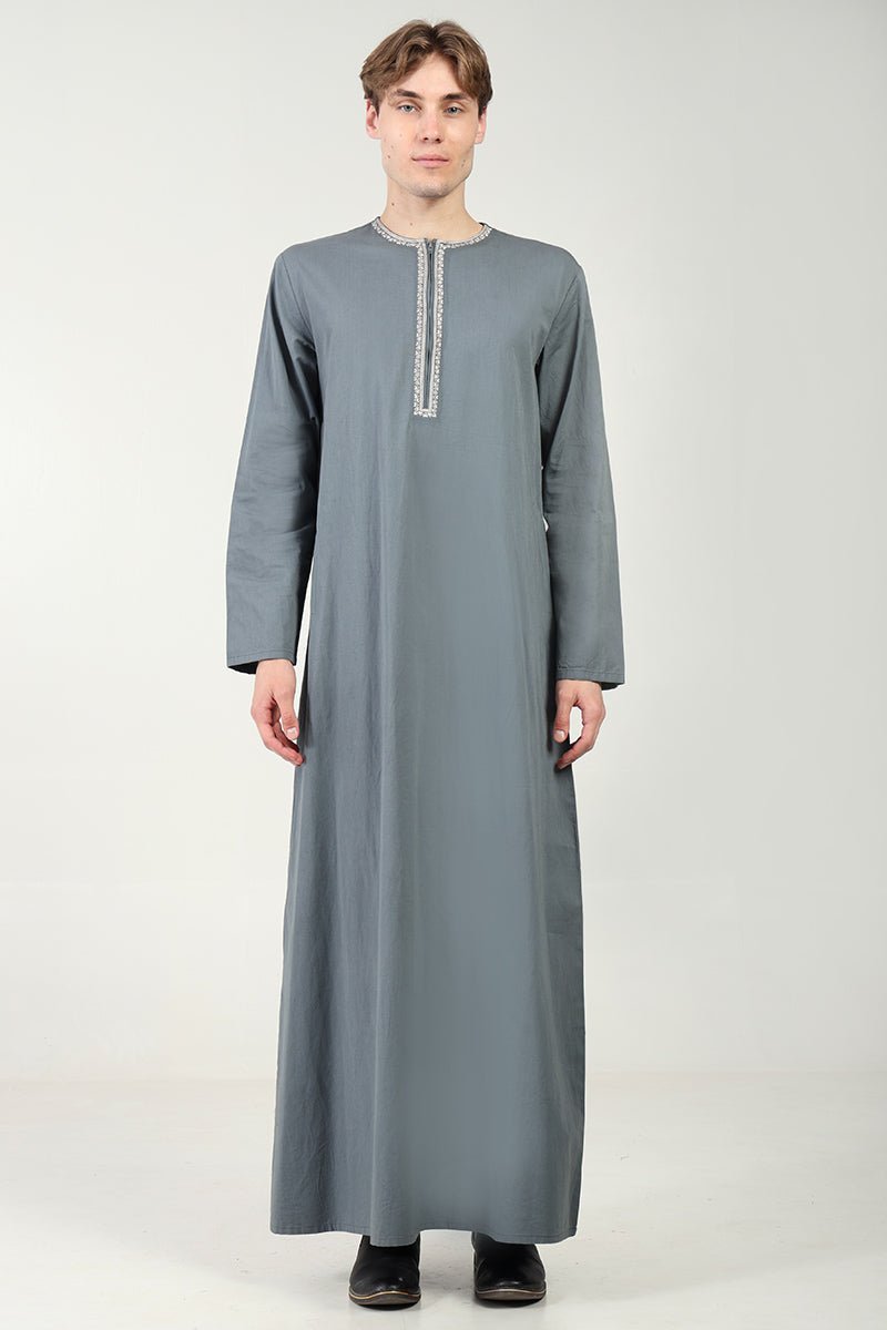 Cotton Twill Everyday Wear Thobe with White Embroidery & Zipper Neck-Grey