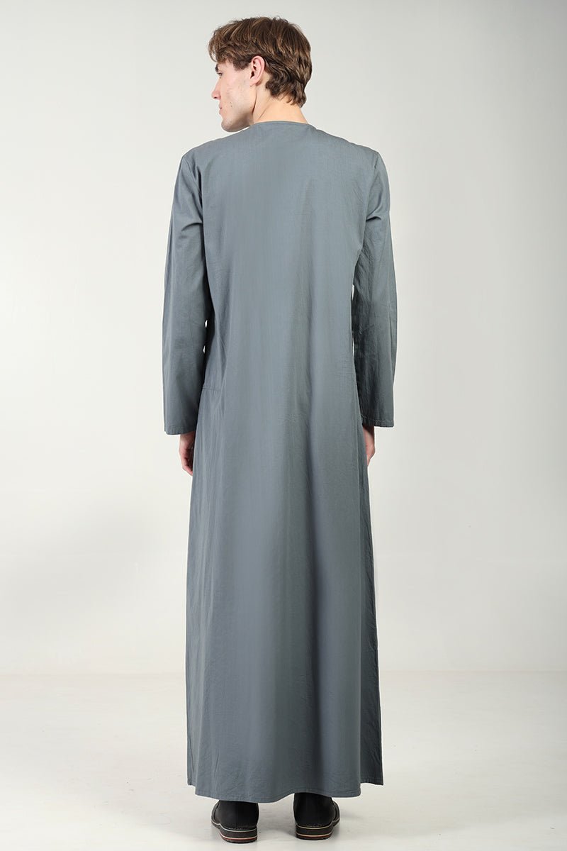 Cotton Twill Everyday Wear Thobe with White Embroidery & Zipper Neck-Grey