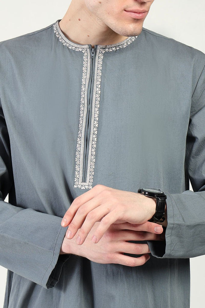 Cotton Twill Everyday Wear Thobe with White Embroidery & Zipper Neck - Grey - EastEssence.com