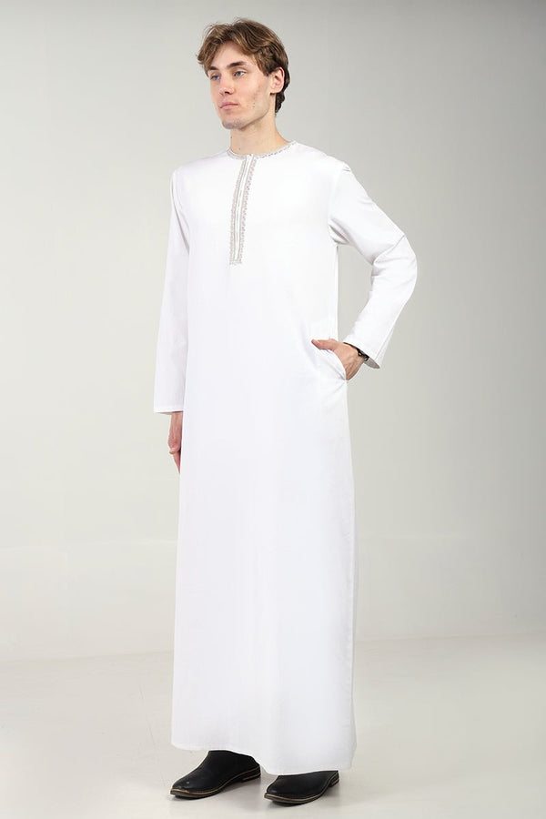 Cotton Twill Everyday Wear Thobe with White Embroidery & Zipper Neck - White - EastEssence.com