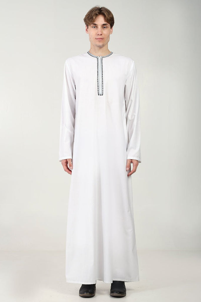 Cotton Twill Everyday Wear Thobe with White Embroidery & Zipper Neck - White - EastEssence.com