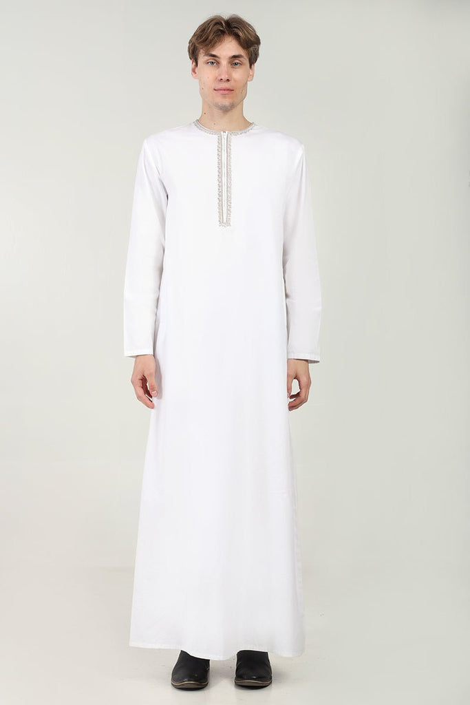 Cotton Twill Everyday Wear Thobe with White Embroidery & Zipper Neck - White - EastEssence.com