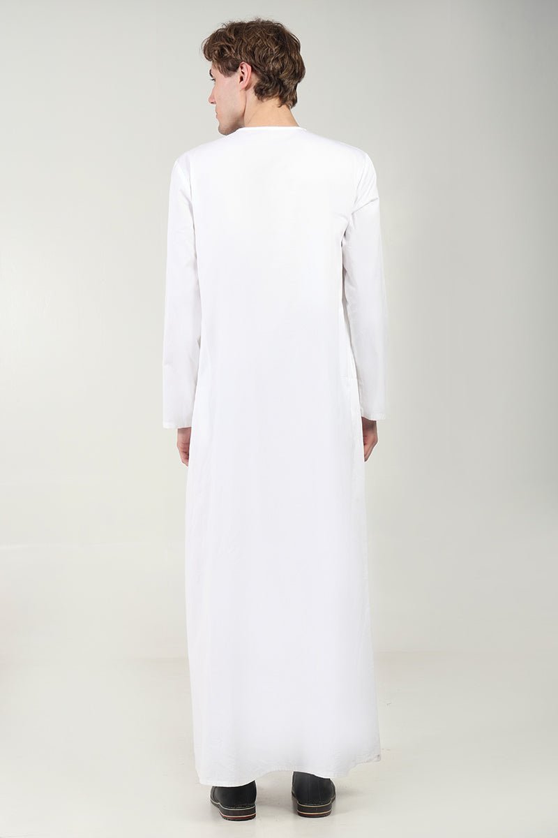 Cotton Twill Everyday Wear Thobe with White Embroidery & Zipper Neck - White - EastEssence.com