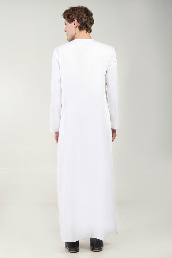 Cotton Twill Everyday Wear Thobe with White Embroidery & Zipper Neck - White - EastEssence.com
