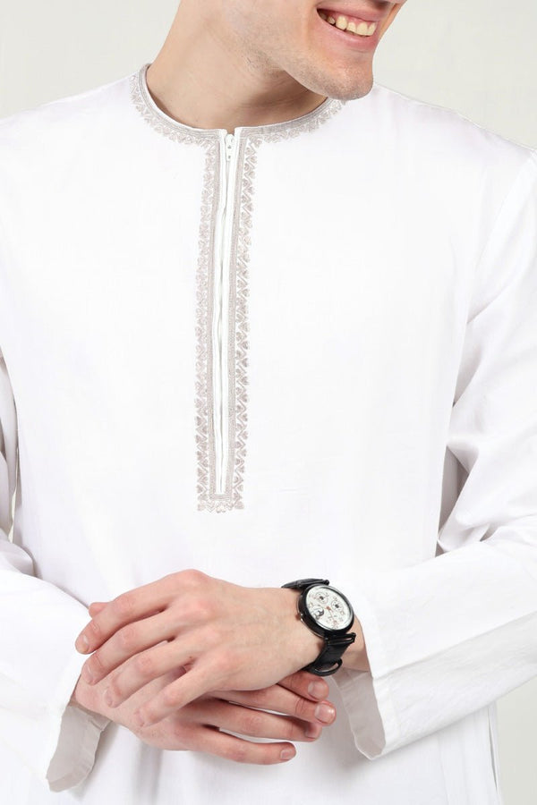 Cotton Twill Everyday Wear Thobe with White Embroidery & Zipper Neck - White - EastEssence.com
