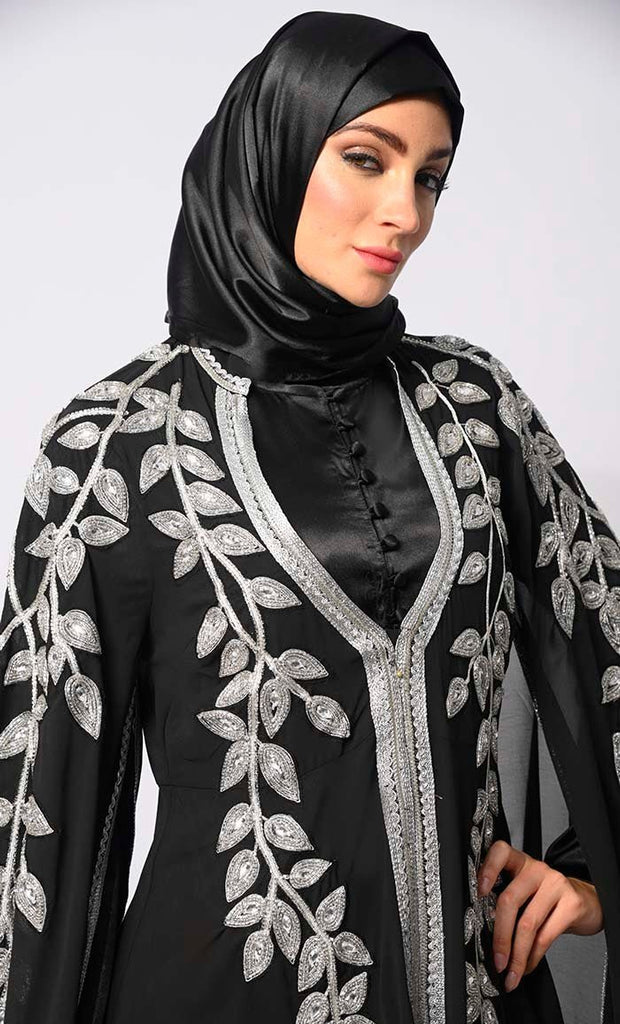 Crafted Couture: Discover Opulent Handwork Black Abaya with Batwing Sleeves - Final Sale - EastEssence.com