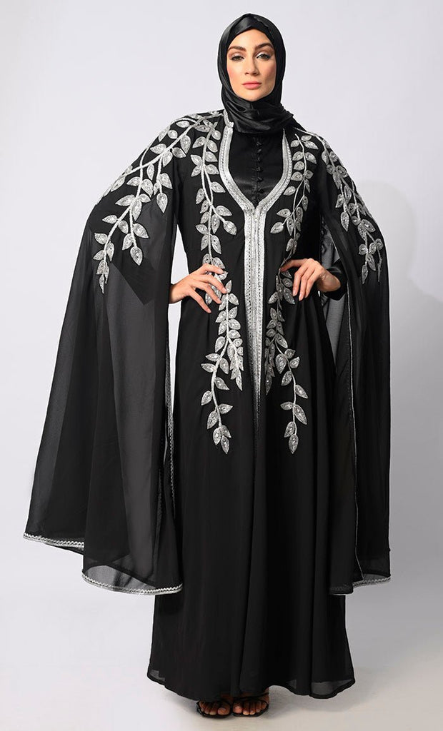 Crafted Couture: Discover Opulent Handwork Black Abaya with Batwing Sleeves - Final Sale - EastEssence.com